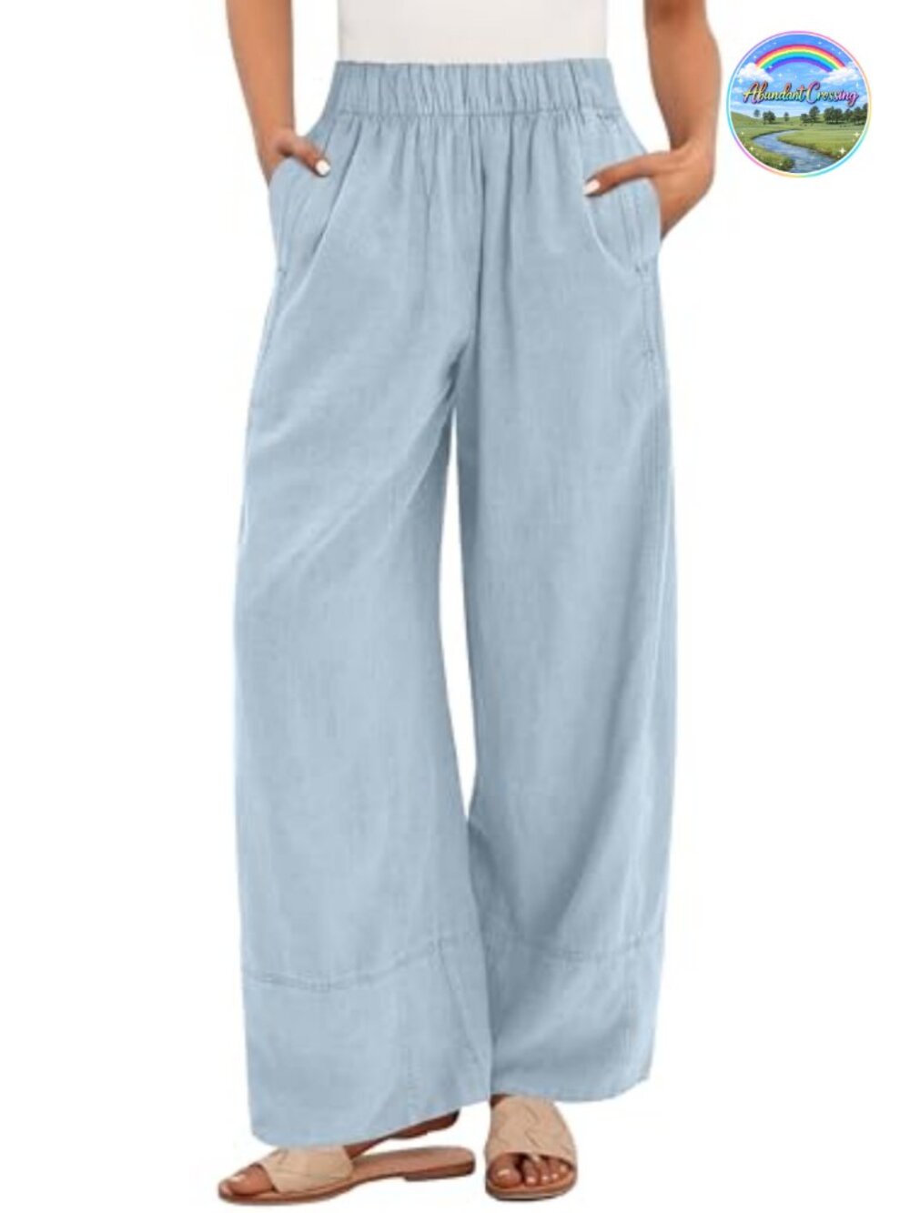 Wide Leg Linen Pants for Women Loose Fit Casual Elastic Waist with Pockets